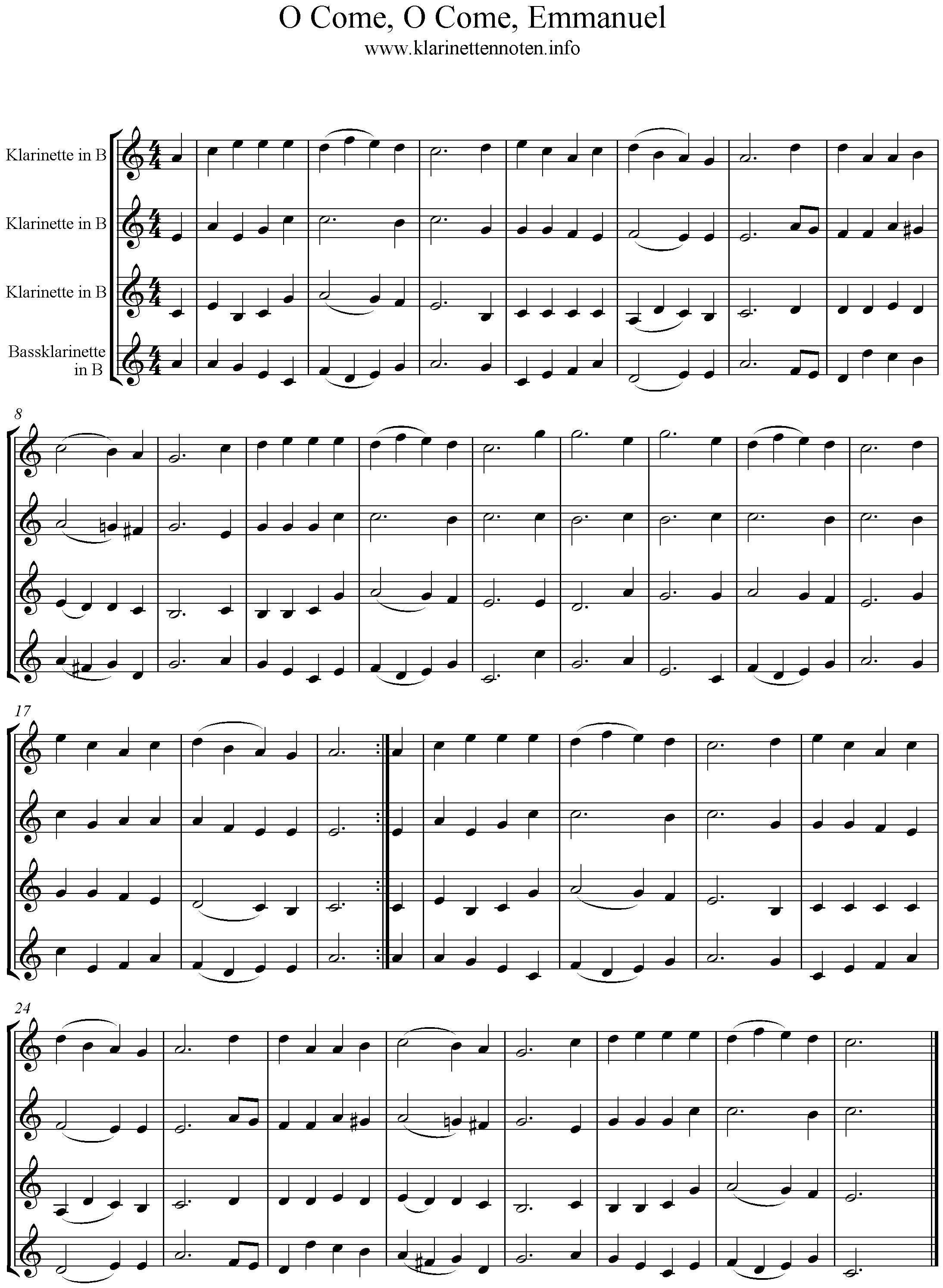Quartet, Clarinet, O Come  Emmanuel, a-minor